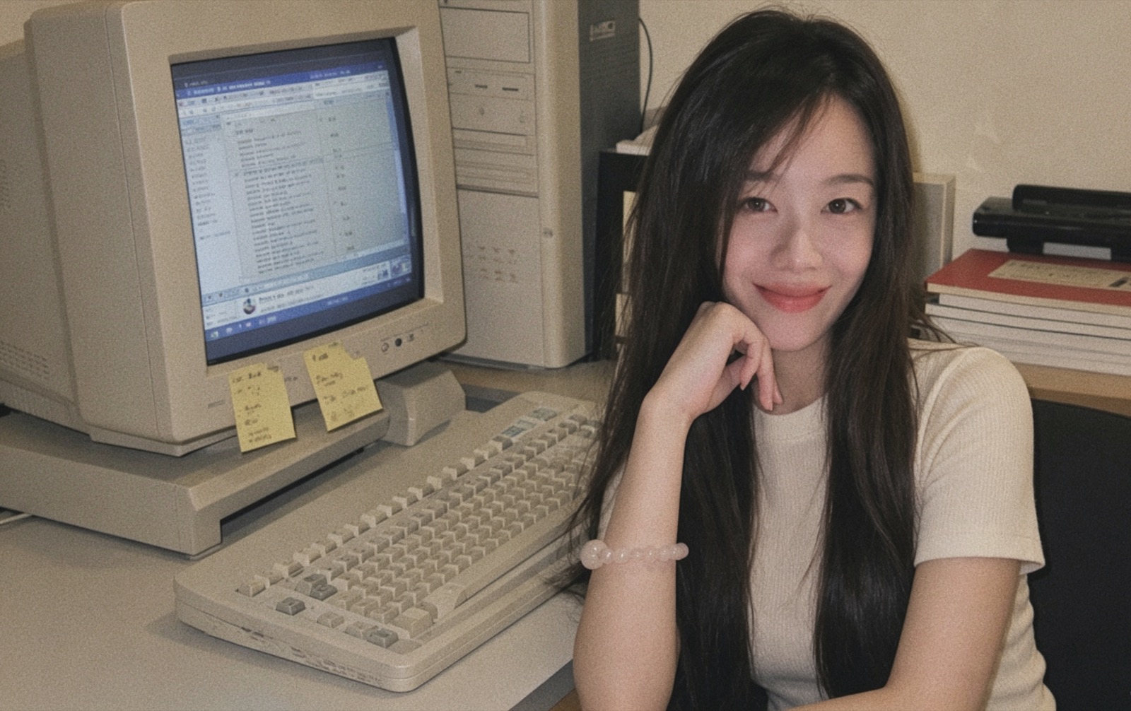 Ashlyn sitting beside a vintage computer